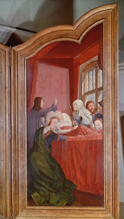 De Heilige Verwantschap, of het altaarstuk van St. Anna, detail van het rechterpaneel dat de dood van St. Anna afbeeldt, 1509 door Quentin Massys or Metsys