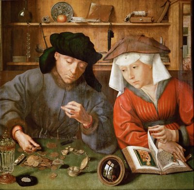 De Woekeraar en zijn Vrouw door Quentin Massys or Metsys