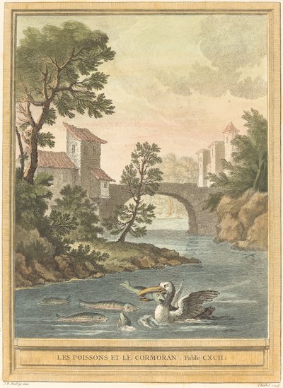 De vissen en de aalscholver door Quentin Pierre Chedel after Jean Baptiste Oudry