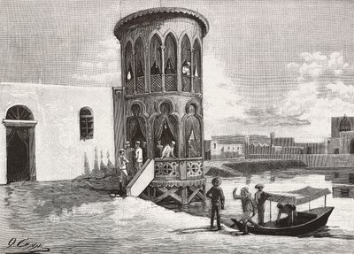 Een Moorse kleine toren die de club van de Italiaanse officieren huisvest, Massawa, Eritrea, gravure naar tekening door Quinto Cenni en schets door Pieragostini, uit L