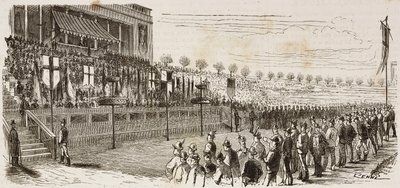 Prijsuitreiking aan winnaars van nationale schietwedstrijd in Milaan, Italië, gravure door Quinto Cenni uit L