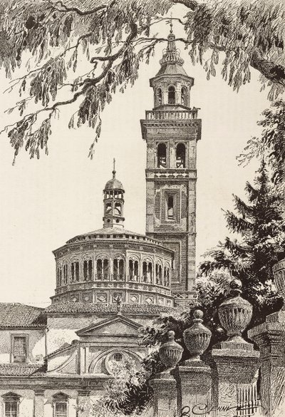 Beata Vergine dei Miracoli Heiligdom, Saronno, Italië, gravure naar tekening van Quinto Cenni, uit L