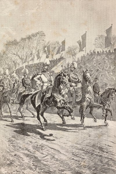 Stafchefs betreden het paradeplein, vieringen voor het bezoek van de kroonprins van Duitsland (toekomstige Frederik III) aan Rome, Italië, gravure naar tekening van Quinto Cenni, uit L