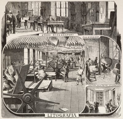 Fratelli Treves uitgeverij: tekenaarsstudie, timmerwerk, schoonmaken van lithografische stenen, lithografie, Milaan, Italië, gravure naar tekening van Quinto Cenni, uit L