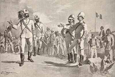 Italiaanse en lokale soldaten, in uniformen van het Italiaanse leger in Afrika, Massawa, Eritrea, gravure naar een tekening van Quinto Cenni, uit L