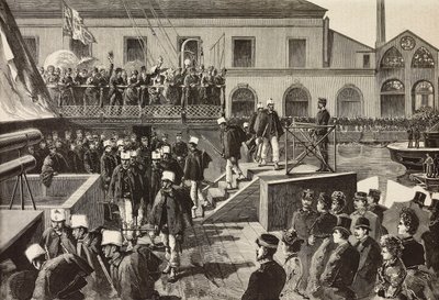 Italiaanse soldaten gaan aan boord van schip Washington, Napels, Italië, derde Italiaanse expeditie in de Rode Zee, gravure naar tekening van Quinto Cenni en schets van M Del Don, uit L