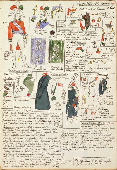 Militaire uniformen ten tijde van de Cisalpijnse Republiek uit 1801. Kleurenplaat door Cenni Quinto door Quinto Cenni