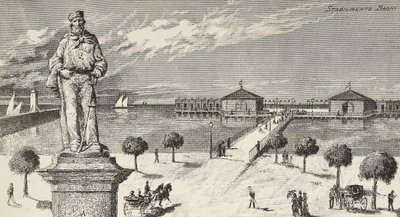 Monument ter nagedachtenis aan Giuseppe Garibaldi (1807-1882), Italiaanse politicus en patriot, en badinrichting op de achtergrond, Cesenatico, Italië door Quinto Cenni