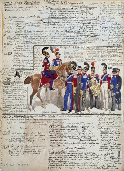 Officieren en cadetten te voet en te paard, uniformen van de Pauselijke Staten door Quinto Cenni