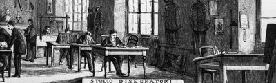 Kantoren van de gebroeders Treves, ontwerpafdeling, Milaan, Italië, illustratie door Quinto Cenni (1845-1917) uit L