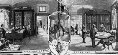 Kantoren van de gebroeders Treves, redactie en administratie, Milaan, Italië, illustratie door Quinto Cenni (1845-1917) uit L