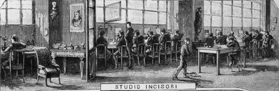 Kantoren van de gebroeders Treves, graveerafdeling, Milaan, Italië, illustratie door Quinto Cenni (1845-1917) uit L