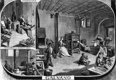 Kantoren van de gebroeders Treves, lettergiet- en stereotype drukafdeling, Milaan, Italië, illustratie door Quinto Cenni (1845-1917) uit L