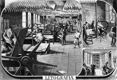 Kantoren van de gebroeders Treves, lithografie afdeling, Milaan, Italië, illustratie door Quinto Cenni (1845-1917) uit L