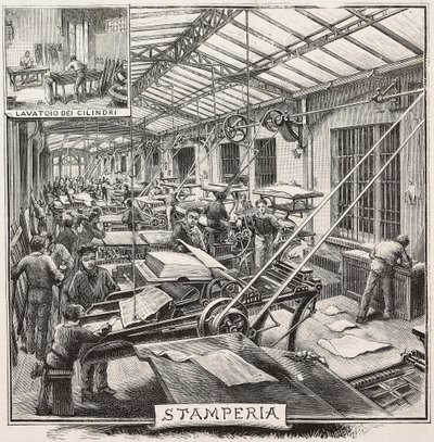 Drukkerij in de Fratelli Treves uitgeverij, Milaan, Italië, gravure naar tekening van Quinto Cenni, uit L
