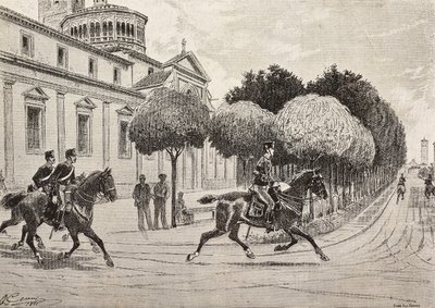Soldaten te paard passeren voor het Beata Vergine dei Miracoli heiligdom, Saronno, Italië, gravure naar een tekening van Quinto Cenni, uit L