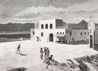 Het gebouw van de Italiaanse Post, Massawa, Eritrea, gravure naar een tekening van Quinto Cenni en een schets van Pieragostini, uit L