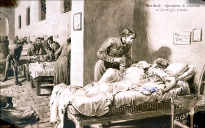 De Italiaanse patriot Giuseppe Garibaldi (1807-1882) als verpleegster, onder de naam Pan-Borel, voor de cholerapatiënten in Marseille in 1836 door Quinto Cenni