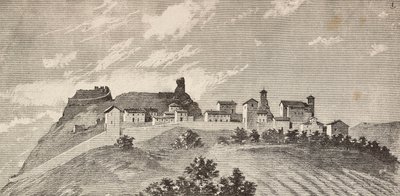 De stad San Giovanni in Galilea, Italië, gravure naar tekening door Quinto Cenni en schets door Ulisse Topi, uit L