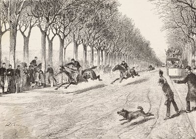 Drie verzetsleiders die deelnemen aan een paardenrace, Derde Savoye-regiment, tussen Milaan en Monza, Italië, gravure naar tekening door Quinto Cena, uit L