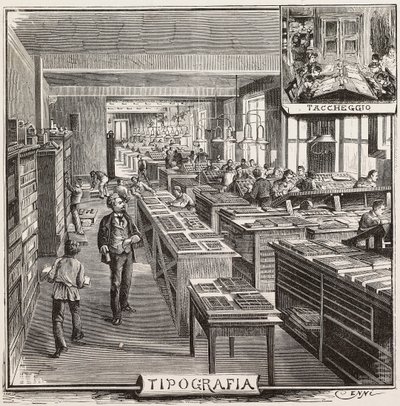 Typografie in Fratelli Treves uitgeverij, Milaan, Italië, gravure naar tekening van Quinto Cenni, uit L