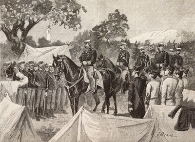Umberto I (1844-1900), koning van Italië, met enkele officieren, bezoekt militaire kampen, 11 september door Quinto Cenni