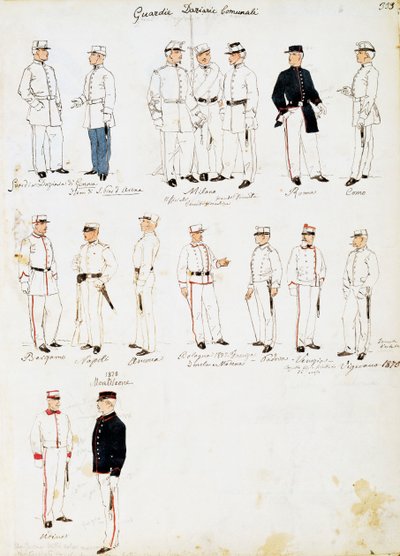 Uniformen van douanebeambten van het Koninkrijk Italië tussen 1873-1878, plaat uit Cenni Codex, collectie van militaire schetsen in aquarel door Quinto Cenni