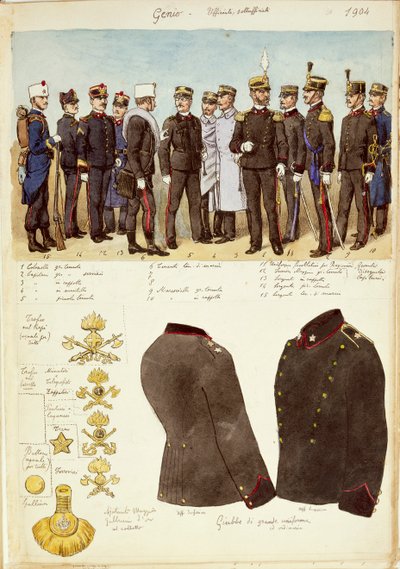 Uniformen van Genio (ingenieurs), officieren en onderofficieren van het Koninkrijk Italië, kleurenplaat door Quinto Cenni door Quinto Cenni