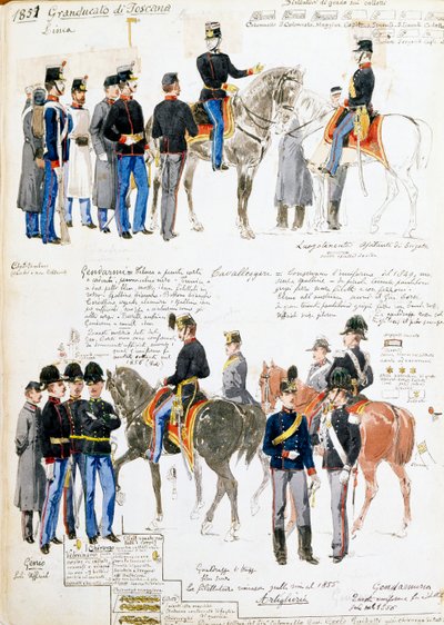 Uniformen van het Groothertogdom Toscane in 1851, plaat uit Cenni codex, verzameling militaire schetsen getekend door Quinto Cenni door Quinto Cenni
