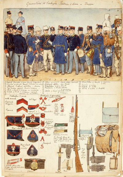 Uniformen van Grenadiers van Sardinië, lijninfanterie, troepen van het Koninkrijk Italië, kleurenplaat door Quinto Cenni door Quinto Cenni