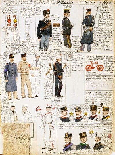 Uniformen van het Koninkrijk Italië in 1898, plaat uit Cenni Codex, collectie van militaire schetsen in aquarel door Quinto Cenni