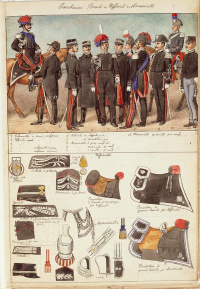 Uniformen van de Koninklijke Carabinieri, officieren en onderofficieren van het Koninkrijk Italië, kleurenplaat door Quinto Cenni door Quinto Cenni