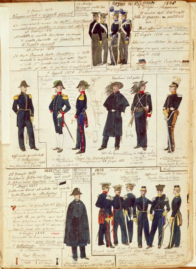 Uniformen van het Piëmontese leger tussen 1836 en 1886. Kleurplaat door Cenni Quinto door Quinto Cenni