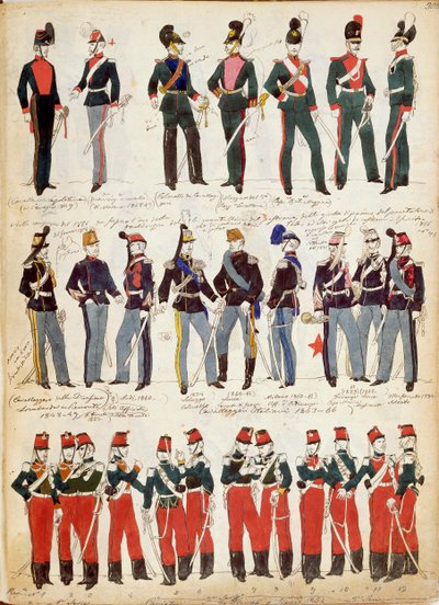 Verschillende Italiaanse uniformen in gebruik rond 1860 door Quinto Cenni, kleurenplaat door Quinto Cenni