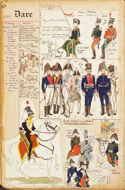 Verschillende uniformen, door Quinto Cenni, kleurenplaat, circa 1815 door Quinto Cenni