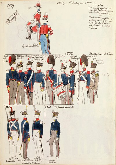 Verschillende uniformen, circa 1834-1841 door Quinto Cenni