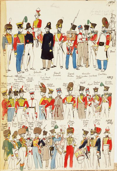 Verschillende uniformen, daterend van 1826 tot 1829. Kleurplaat door Cenni Quinto door Quinto Cenni