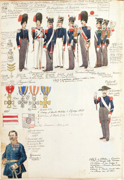 Verschillende uniformen van het Hertogdom Lucca door Quinto Cenni, kleurenplaat door Quinto Cenni