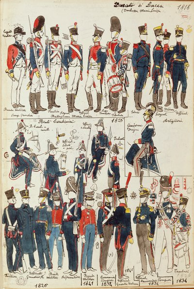 Verschillende uniformen van het Hertogdom Lucca door Quinto Cenni, kleurenplaat door Quinto Cenni
