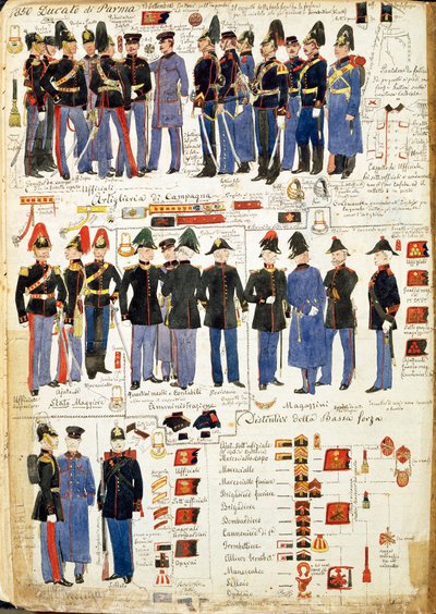 Verschillende uniformen van het Hertogdom Parma door Quinto Cenni