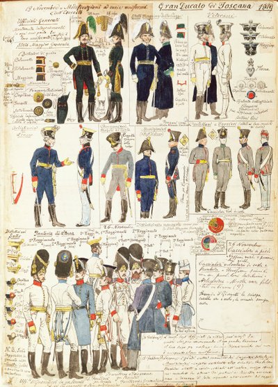 Verschillende uniformen van Groothertogdom Toscane door Quinto Cenni, kleurplaat door Quinto Cenni