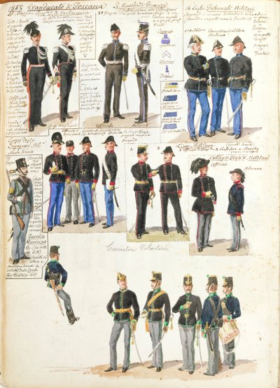 Verschillende uniformen van het Groothertogdom Toscane door Quinto Cenni, kleurenplaat door Quinto Cenni