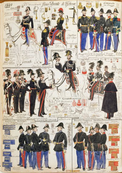 Verschillende uniformen van het Groothertogdom Toscane door Quinto Cenni