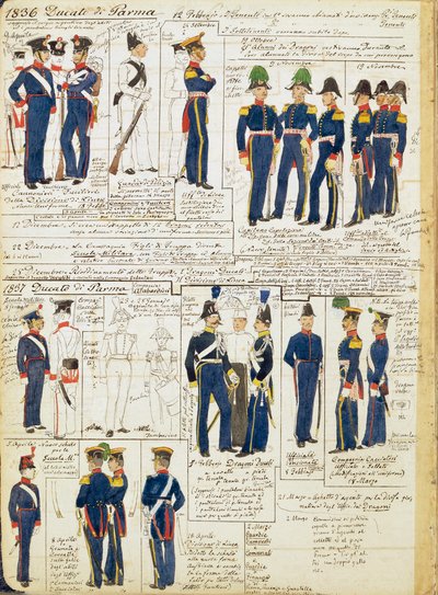 Verschillende uniformen van het Hertogdom Parma door Quinto Cenni