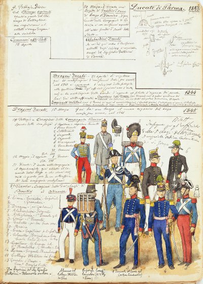 Verschillende uniformen van het Hertogdom Parma uit 1845. Kleurplaat door Cenni Quinto door Quinto Cenni