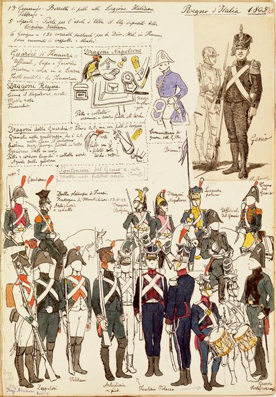 Verschillende uniformen van het Koninkrijk Italië uit 1805. Kleurenplaat door Cenni Quinto door Quinto Cenni