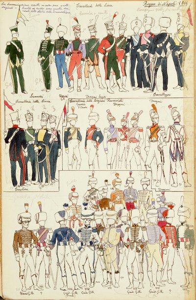 Verschillende uniformen van het Koninkrijk Napels uit 1814 door Quinto Cenni