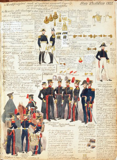 Verschillende uniformen van de Pauselijke Staten uit 1835. Kleurenplaat door Cenni Quinto door Quinto Cenni