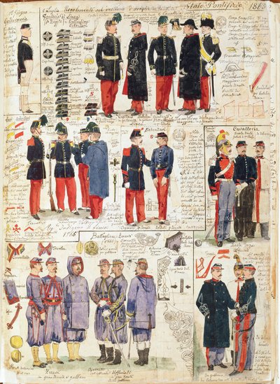 Verschillende uniformen van de Pauselijke Staten uit 1865. Kleurenplaat door Cenni Quinto door Quinto Cenni