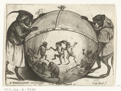 Twee apen houden een wereldbol vast Verschillende bedrijven uit het menselijke leven door apen voorgesteld het Apespel inde werelt door Quirin Boel
